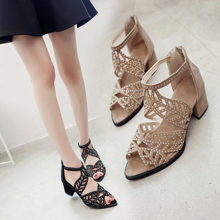 Rhinestone Faux Leather Block Heel Sandals