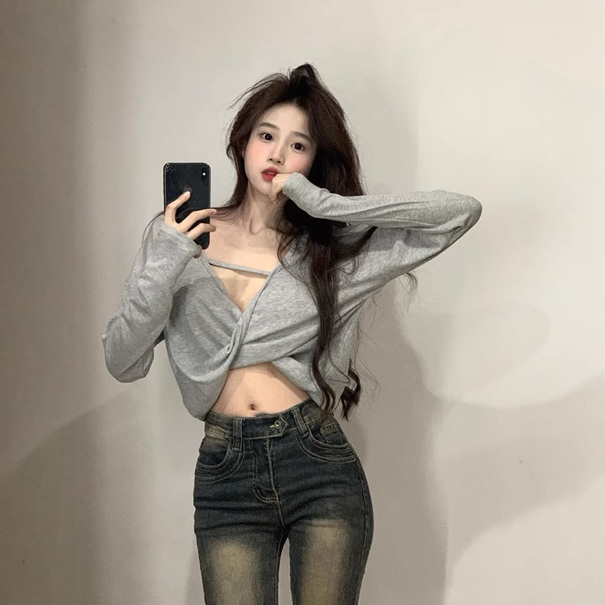 Twisted V-Neck Cropped Tee, Long Sleeved