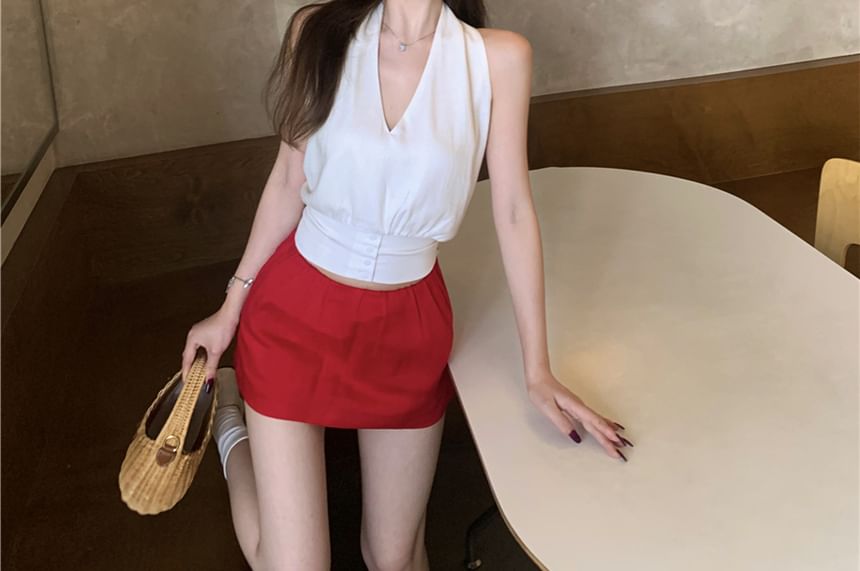 Plain Halter Crop Top & Mid-Waist Mini A-Line Skirt Set
