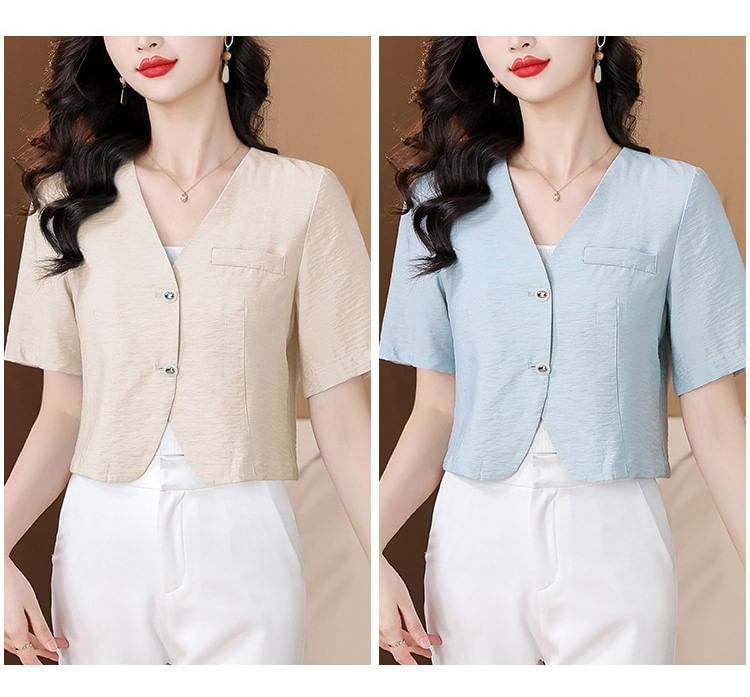 Short-Sleeve Tweed Button-Up Jacket