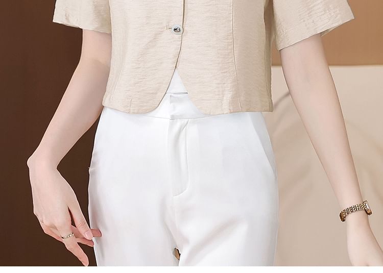 Short-Sleeve Tweed Button-Up Jacket