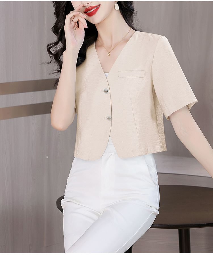 Short-Sleeve Tweed Button-Up Jacket