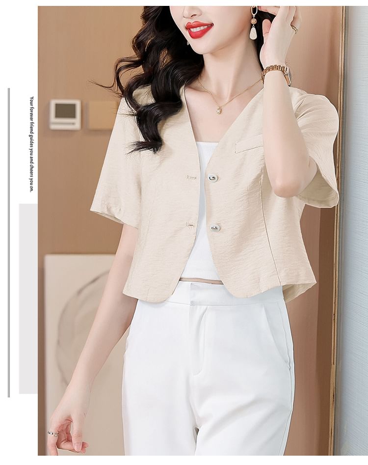 Short-Sleeve Tweed Button-Up Jacket