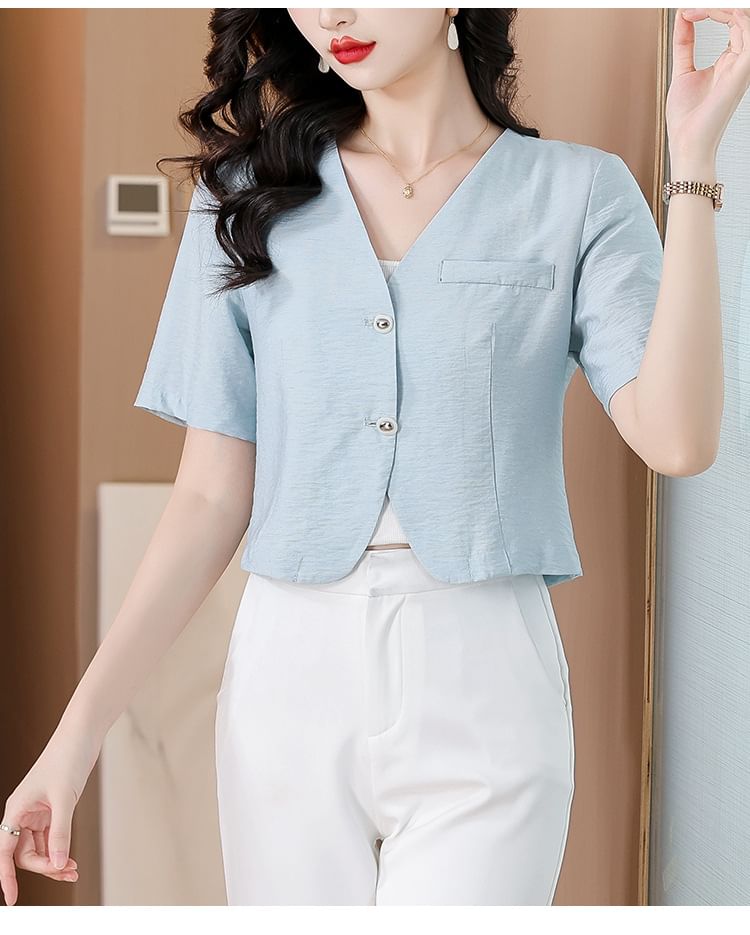 Short-Sleeve Tweed Button-Up Jacket