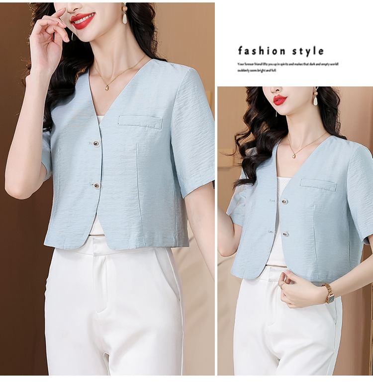 Short-Sleeve Tweed Button-Up Jacket