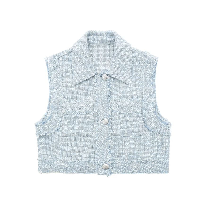 Collared Tweed Button-Up Crop Vest