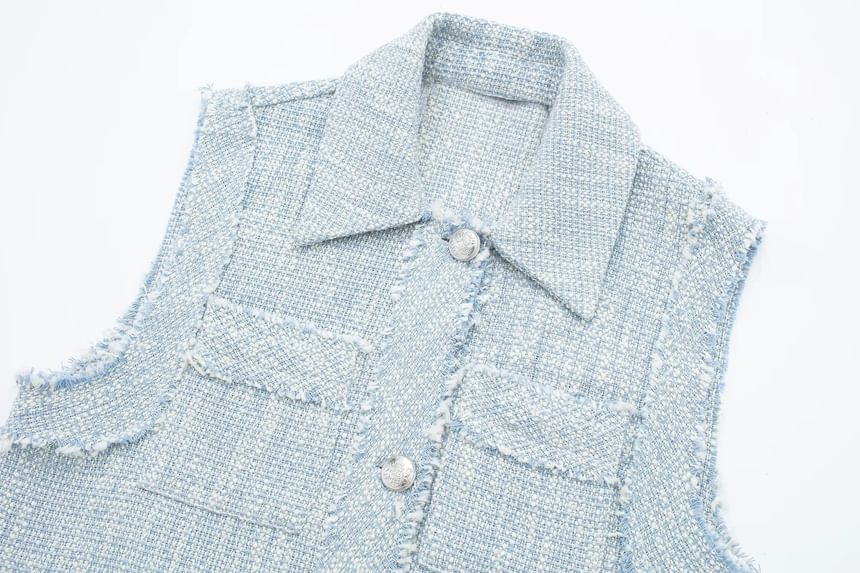 Collared Tweed Button-Up Crop Vest