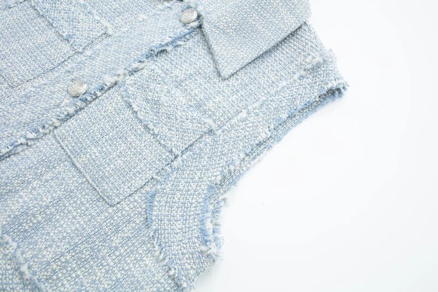 Collared Tweed Button-Up Crop Vest