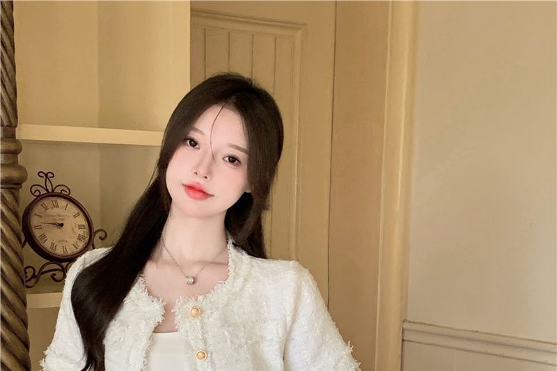 Short Sleeve Round Neck Fray Tweed Button Jacket