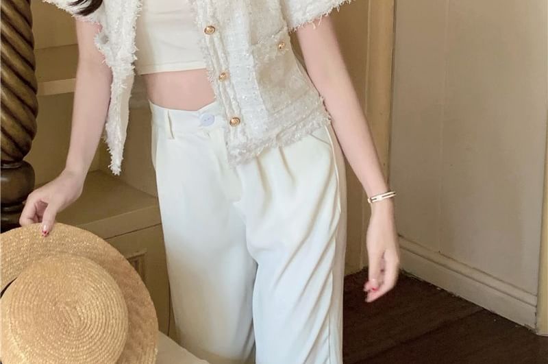 Short Sleeve Round Neck Fray Tweed Button Jacket