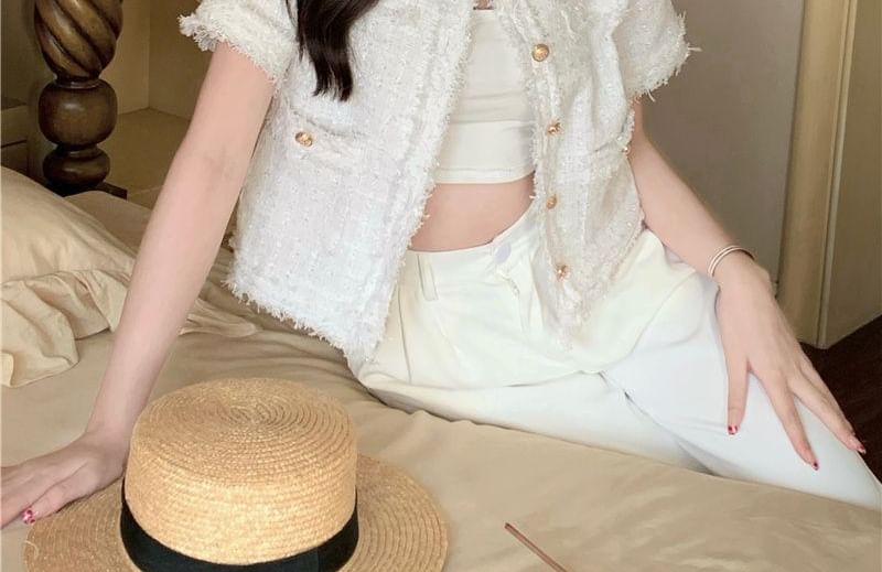 Short Sleeve Round Neck Fray Tweed Button Jacket