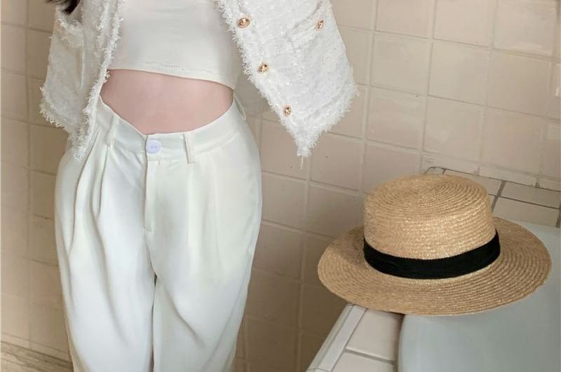 Short Sleeve Round Neck Fray Tweed Button Jacket