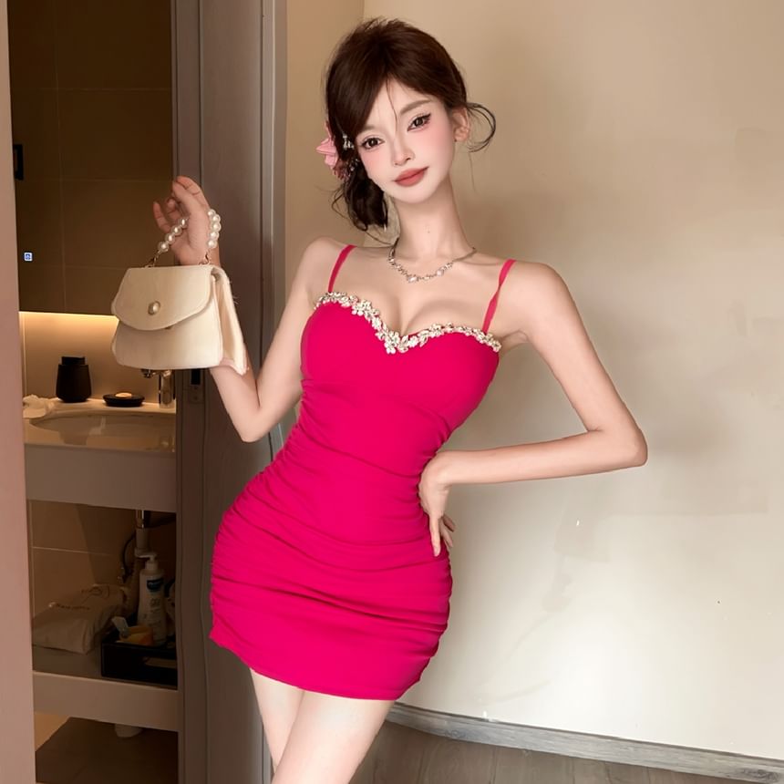 Spaghetti Strap Plain Rhinestone Ruched Mini Bodycon Dress