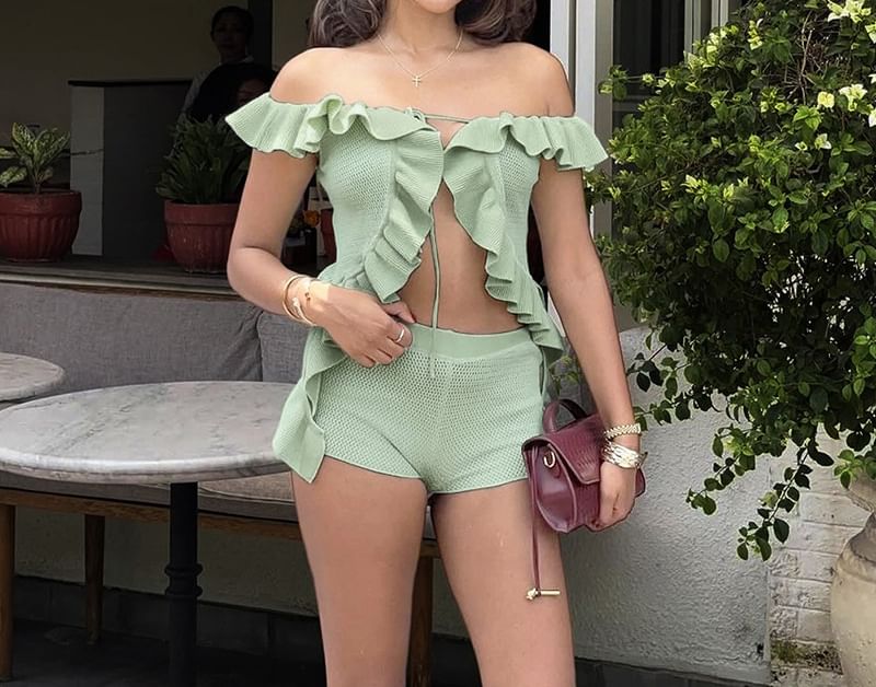 Off-Shoulder Ruffled Tie-Front Top with High-Waisted Shorts Set