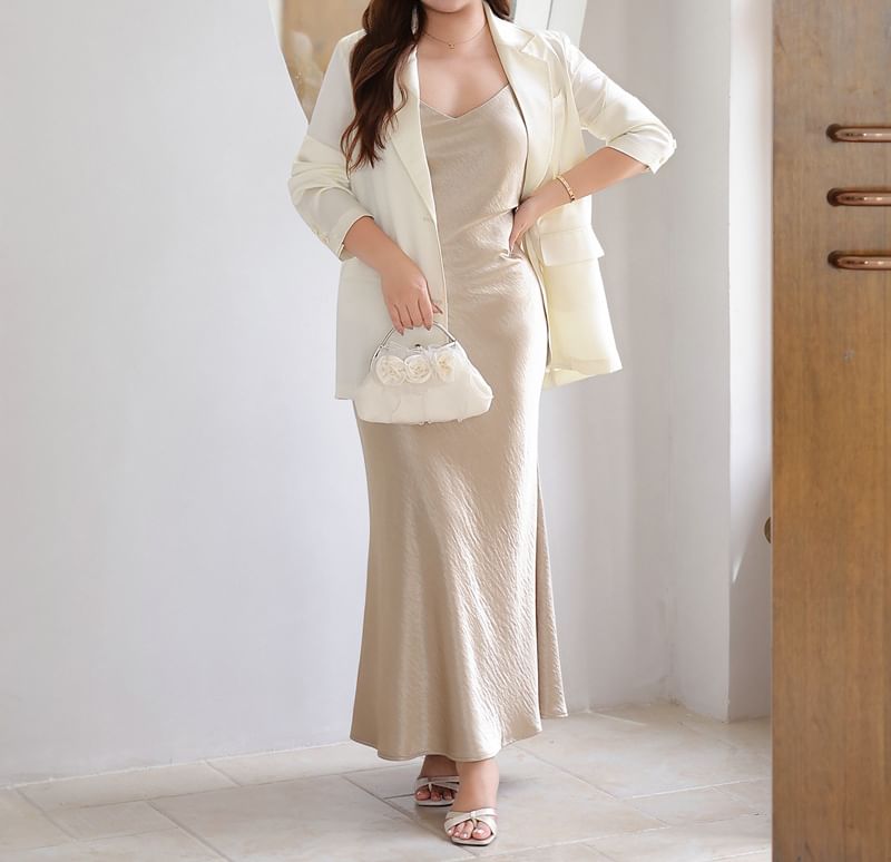 Notch Lapel Plain Single Breasted Blazer / Spaghetti Strap Plain Satin Maxi Mermaid Dress