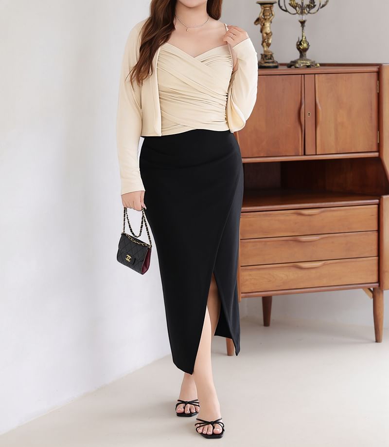 Ruched Plain Camisole Top with Open-Front Cardigan
