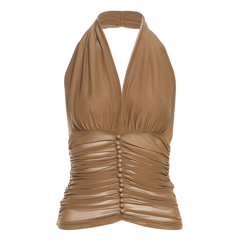 Ruched Plain Halter Mesh Slim-Fit Cropped Tank Top