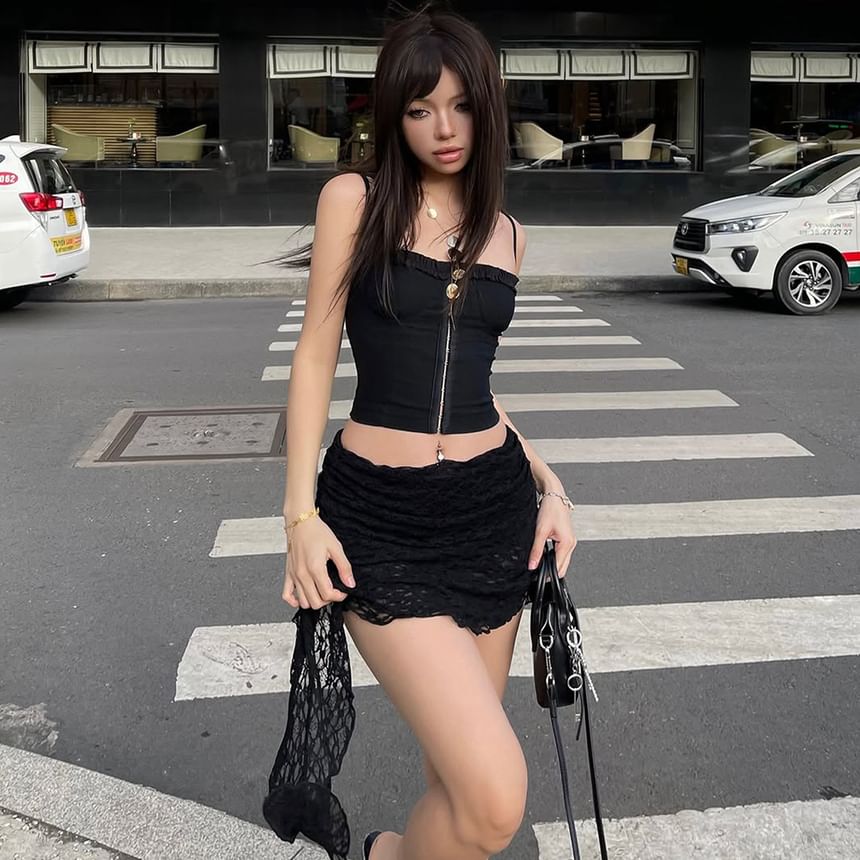 Zip-Up Plain Crop Cami Top & Lace Ruched Low-Waist Mini Skirt Set