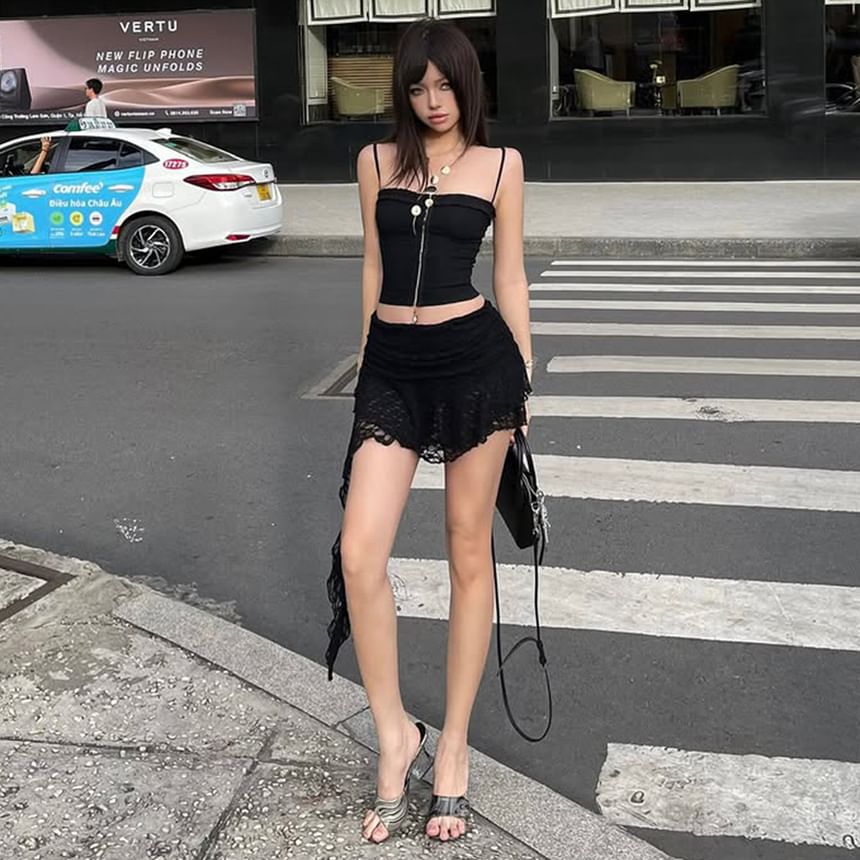 Zip-Up Plain Crop Cami Top & Lace Ruched Low-Waist Mini Skirt Set