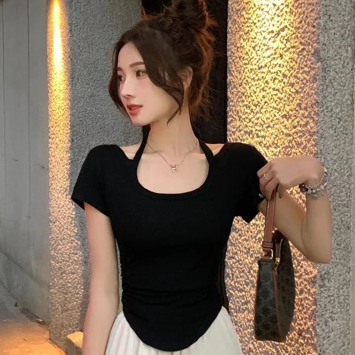 Ruched Halter Plain Short-Sleeved Tee