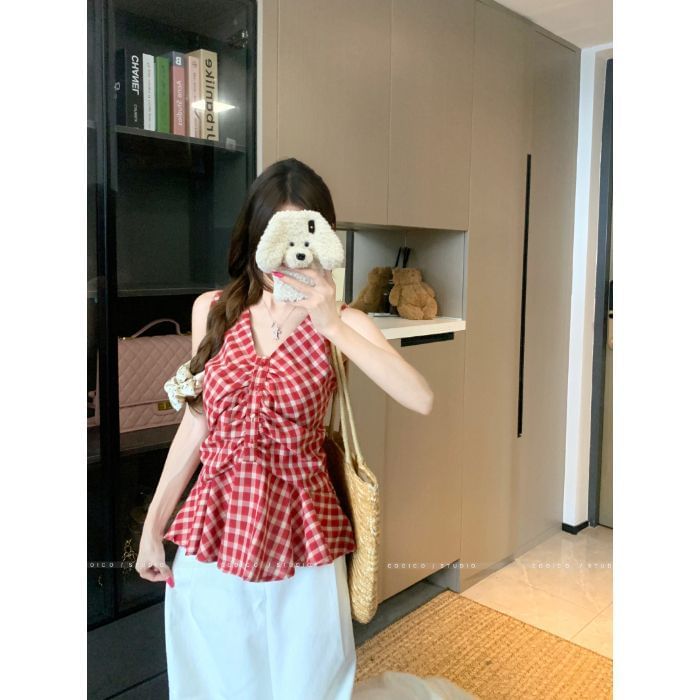 Plaid Peplum Ruched Sleeveless V-Neck Blouse