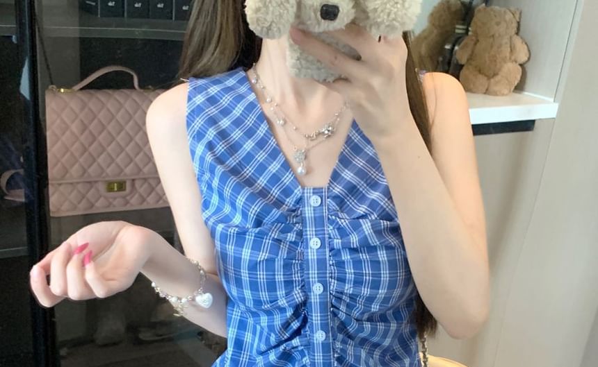 Plaid Peplum Ruched Sleeveless V-Neck Blouse