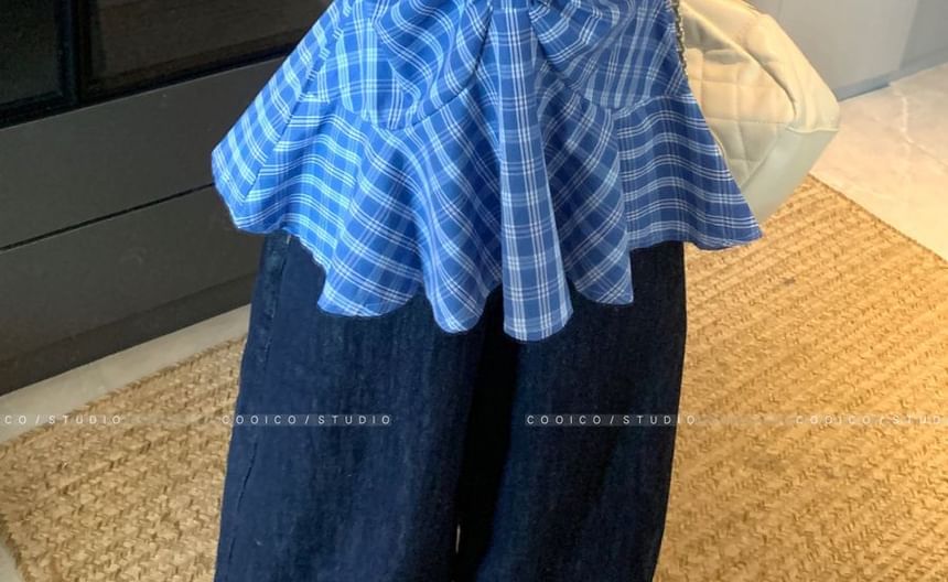 Plaid Peplum Ruched Sleeveless V-Neck Blouse