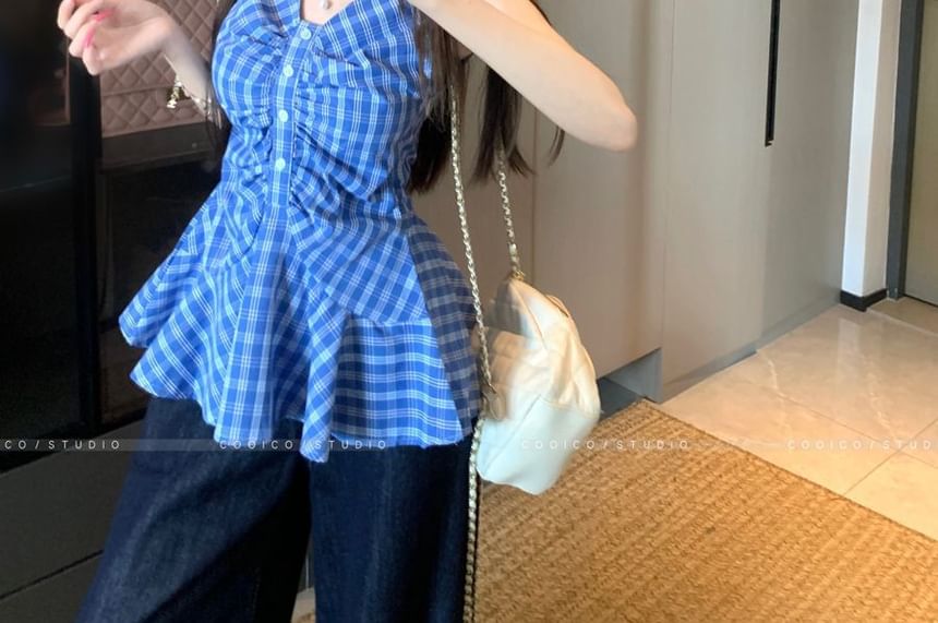 Plaid Peplum Ruched Sleeveless V-Neck Blouse