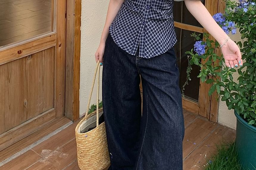 Plaid Off-Shoulder Short-Sleeved Blouse