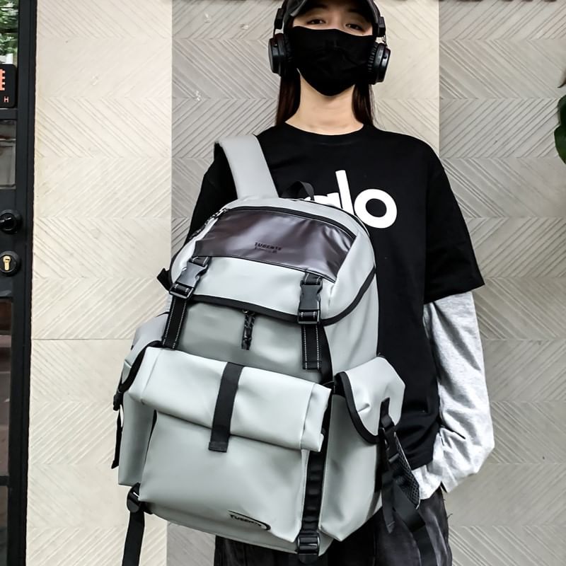 Lettering Buckled Leather Backpack Faux