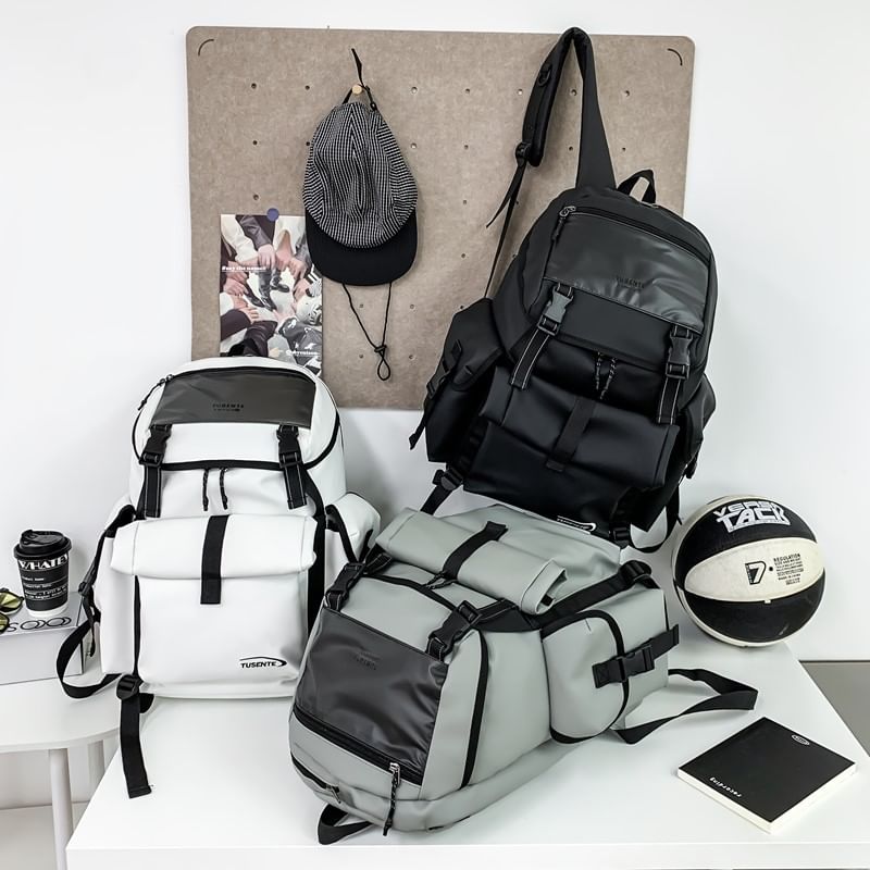 Lettering Buckled Leather Backpack Faux