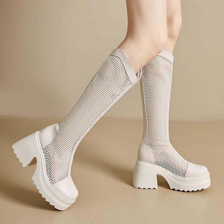 Heel Platform Block Boots Mesh Plain Tall
