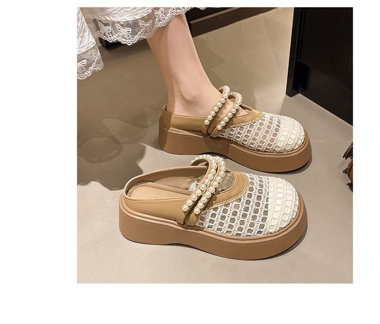 Pearl Detail Faux Mesh Platform Mules