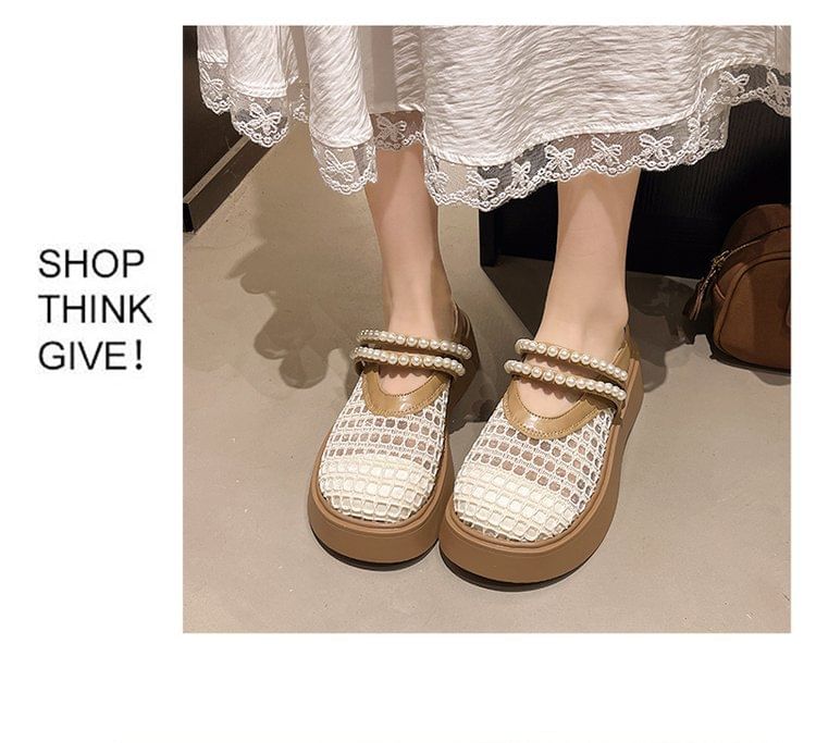 Pearl Detail Faux Mesh Platform Mules