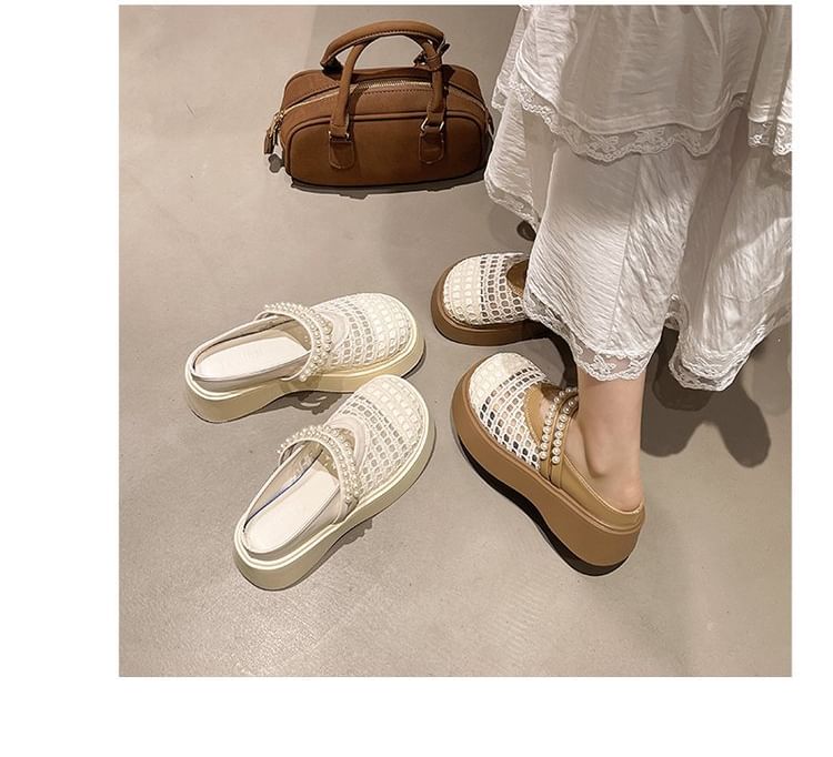 Pearl Detail Faux Mesh Platform Mules