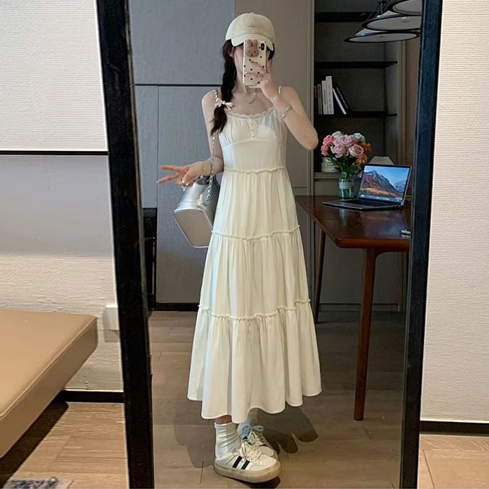 Spaghetti Strap Plain Midi A-Line Tiered Dress