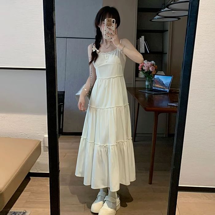 Spaghetti Strap Plain Midi A-Line Tiered Dress