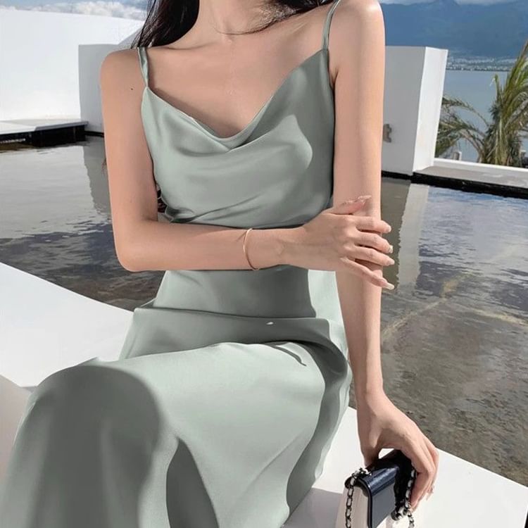 Spaghetti Strap Satin Midi Bodycon Dress