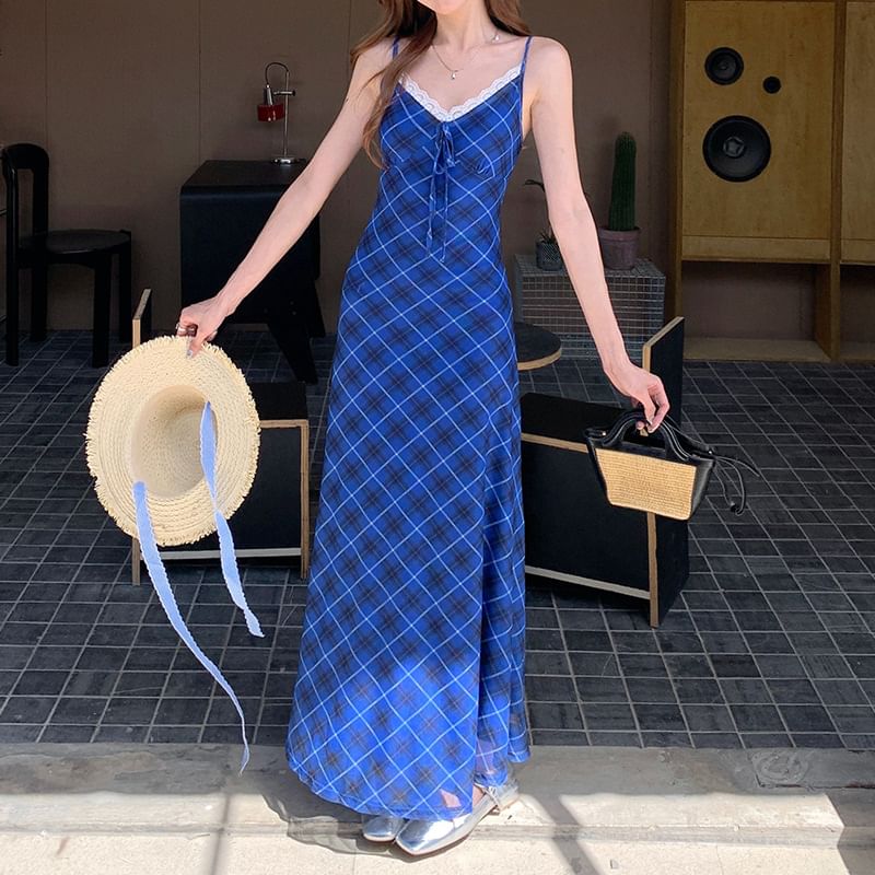 Spaghetti Strap Lace Trim Plaid Midi A-Line Dress