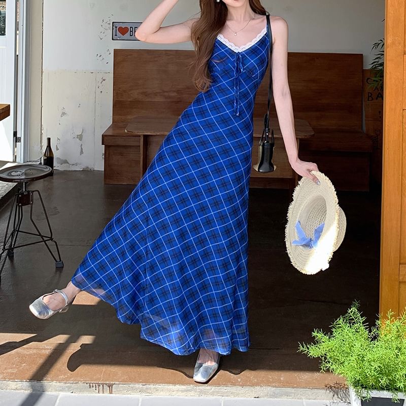 Spaghetti Strap Lace Trim Plaid Midi A-Line Dress