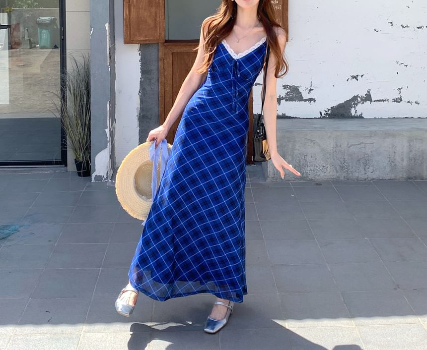 Spaghetti Strap Lace Trim Plaid Midi A-Line Dress