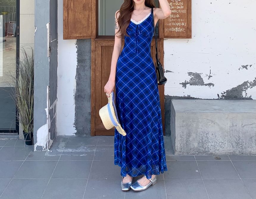 Spaghetti Strap Lace Trim Plaid Midi A-Line Dress