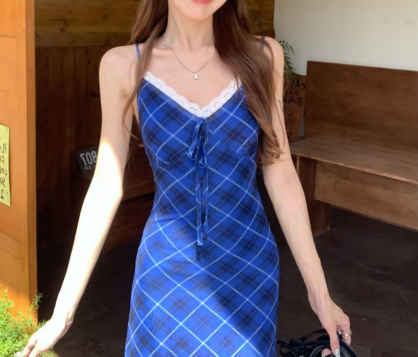 Spaghetti Strap Lace Trim Plaid Midi A-Line Dress