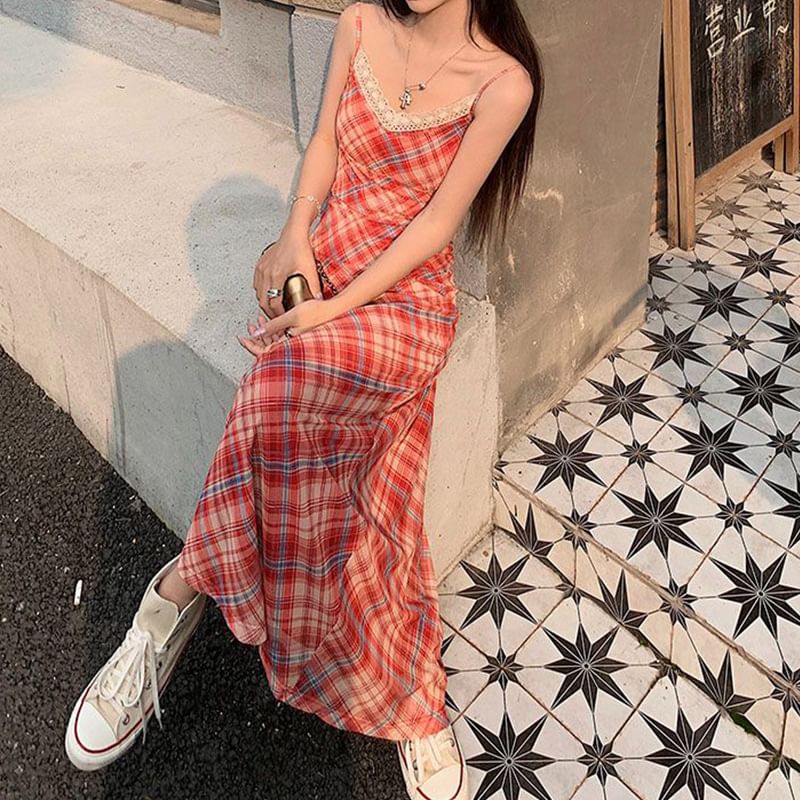 Spaghetti Strap V-Neck Plaid Lace Trim Midi A-Line Dress