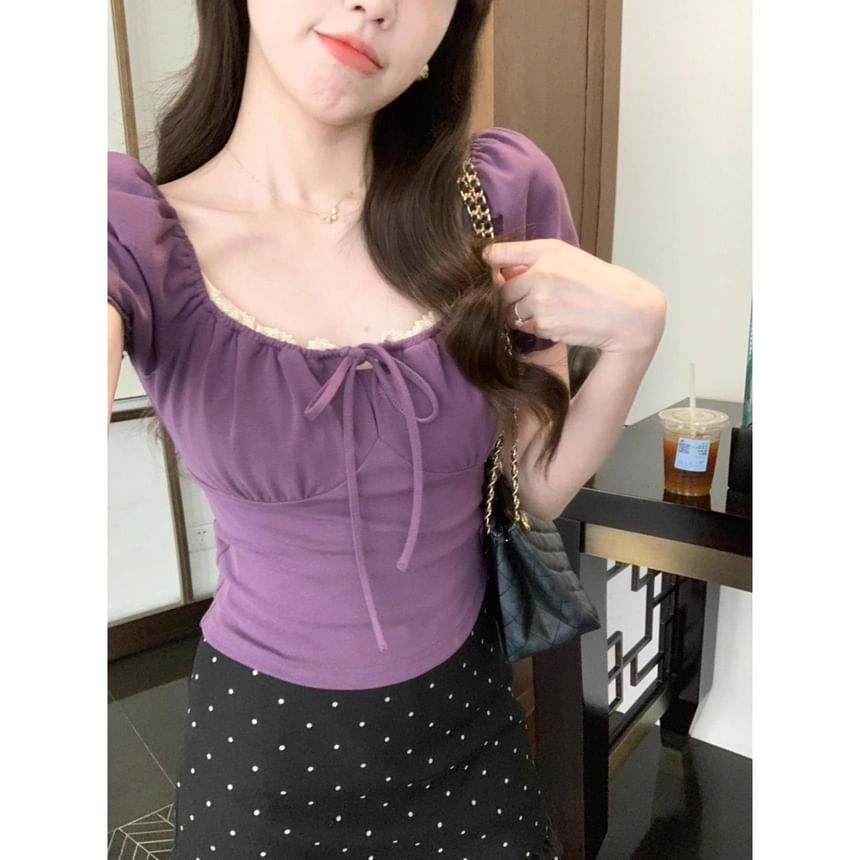 Lace-Trim Puff-Sleeved Square-Neck Tie-Front Slim Top