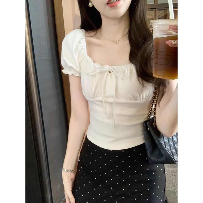 Lace-Trim Puff-Sleeved Square-Neck Tie-Front Slim Top