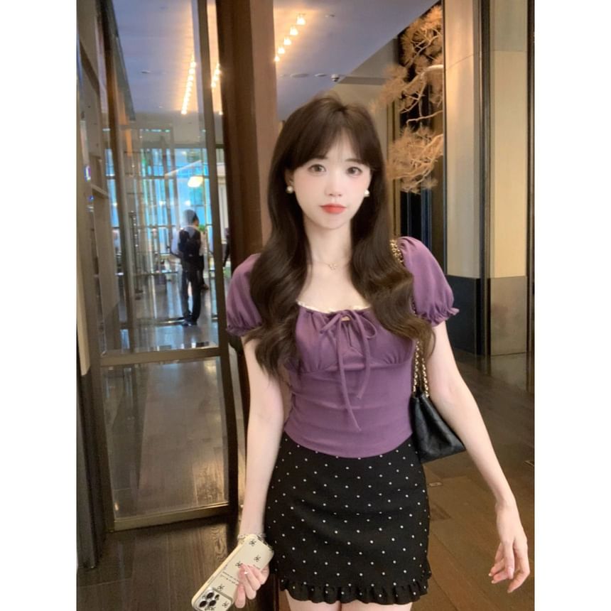 Lace-Trim Puff-Sleeved Square-Neck Tie-Front Slim Top