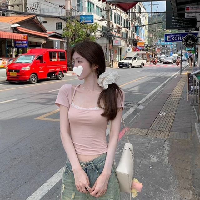 Lace-Trim Open-Back Square-Neck Short-Sleeved Slim Top