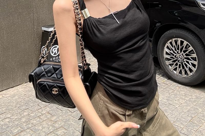 Ruched Plain Slim-Fit Sleeveless Tank Top