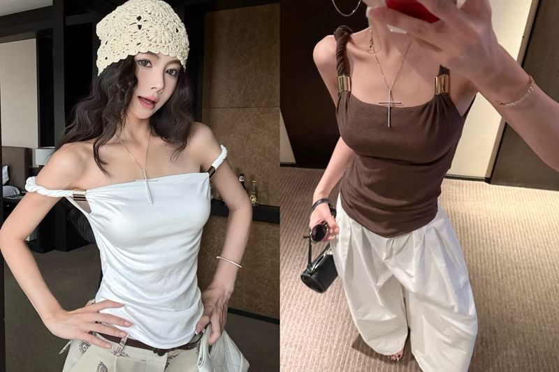 Ruched Plain Slim-Fit Sleeveless Tank Top